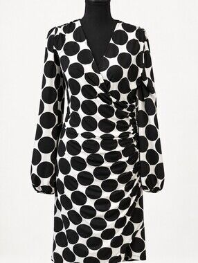INC International Concepts Black and White Polka Dot Long Sleeve Wrap Dress